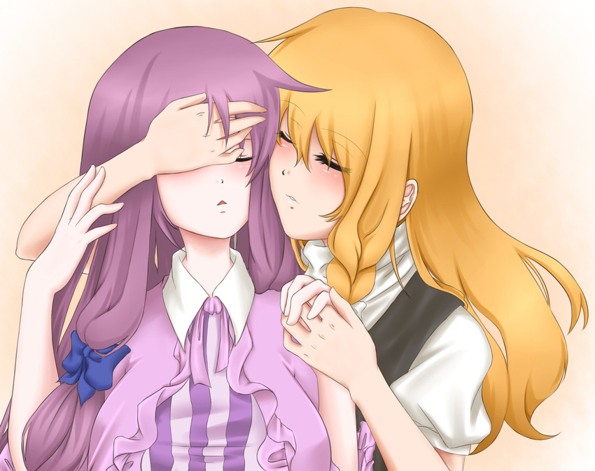 bad_id bad_pixiv_id couple hand_on_another's_face holding_hands imminent_kiss kirisame_marisa multiple_girls nnisch no_hat no_headwear patchouli_knowledge touhou yuri