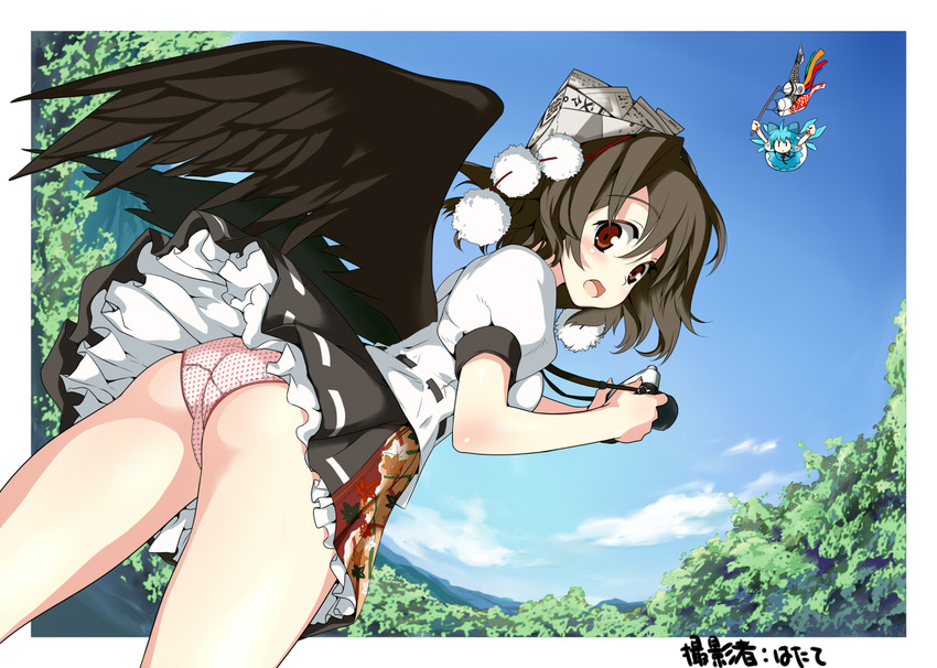 ass blush brown_hair bunbunmaru camera cirno commentary_request day flying from_below hat kodomo_no_hi koinobori looking_at_viewer mahan multiple_girls newspaper open_mouth panties paper_hat paper_kabuto petticoat polka_dot polka_dot_panties red_eyes shameimaru_aya skirt sky thighs touhou underwear upskirt wings