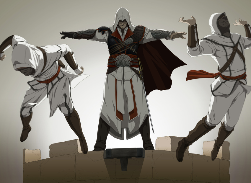 armor assassin's_creed:_brotherhood assassin's_creed_(series) assassin's_creed_ii beard belt boots building cape ezio_auditore_da_firenze facial_hair gb_(doubleleaf) gloves highres hood leap_of_faith male_focus mask multiple_boys outstretched_arms pauldrons plank pushing sash smile spread_arms sword tower vambraces weapon