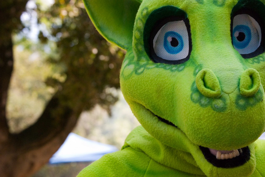 close-up dragon fursuit looking_at_viewer nature outside photo real scalie tree trees unknown_artist wood