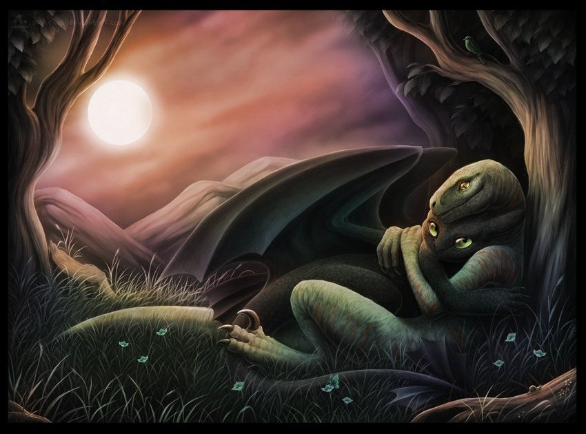 black black_scales cuddle cuddling dragon feral forest green_eyes how_to_train_your_dragon hug male moon mountain nature night_fury outside realistic scalie superboll toothless tree wings wood yellow_eyes