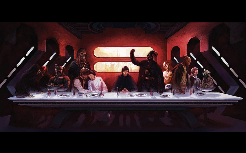 6+boys alien bald beard boba_fett bowl brown_hair c-3po cape chewbacca clenched_hand couple crossed_arms dark_skin darth_maul darth_vader double_bun eric_deschamps facial_hair fine_art_parody flying food furry han_solo hands_clasped helmet hetero highres hood luke_skywalker mace_windu mask multiple_boys obi-wan_kenobi own_hands_together palpatine parody plate princess_leia_organa_solo r2-d2 realistic red_skin robot sitting standing star_wars table the_last_supper white_hair widescreen window yoda