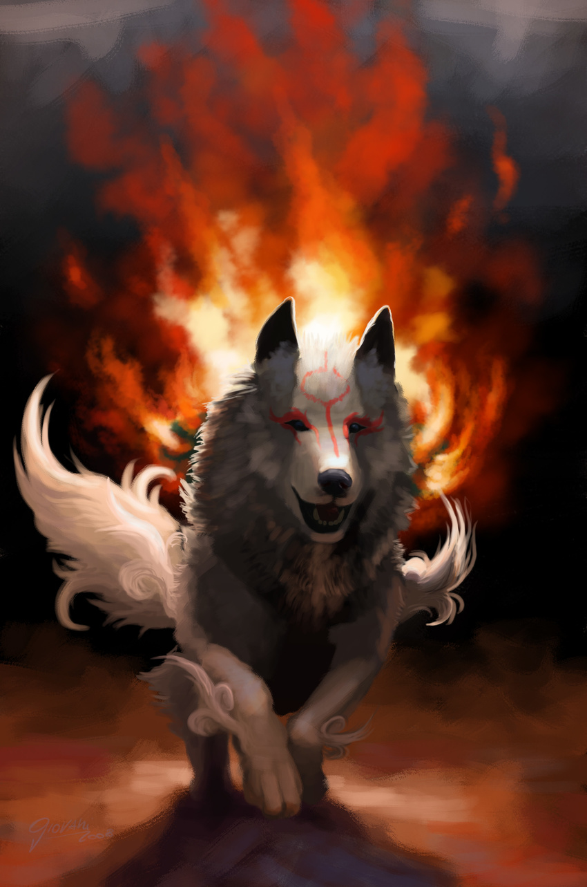 2008 absurd_res amaterasu canine deity female feral fire flames goddess hi_res looking_at_viewer open_mouth ronin1984 running solo tail wolf ōkami