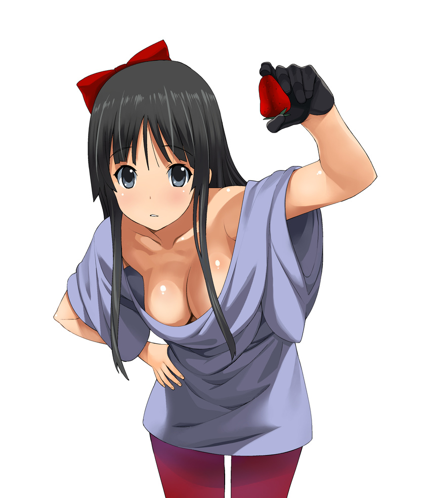 a1 absurdres akiyama_mio black_eyes black_hair bow breasts cleavage downblouse food fruit hair_bow hand_on_hip hanging_breasts highres holding holding_food holding_fruit k-on! leaning_forward listen!! long_hair loose_clothes loose_shirt medium_breasts no_bra off_shoulder pantyhose red_legwear shirt simple_background solo strawberry