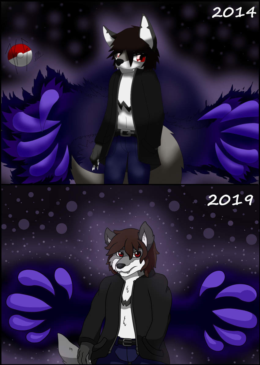 absurd_res artist belt black_fur canid canine canis clothing coat darkness differences digital_media_(artwork) fur grey_fur hi_res improvement magic male mammal pants red_eyes white_fur wildwolfproduction wolf