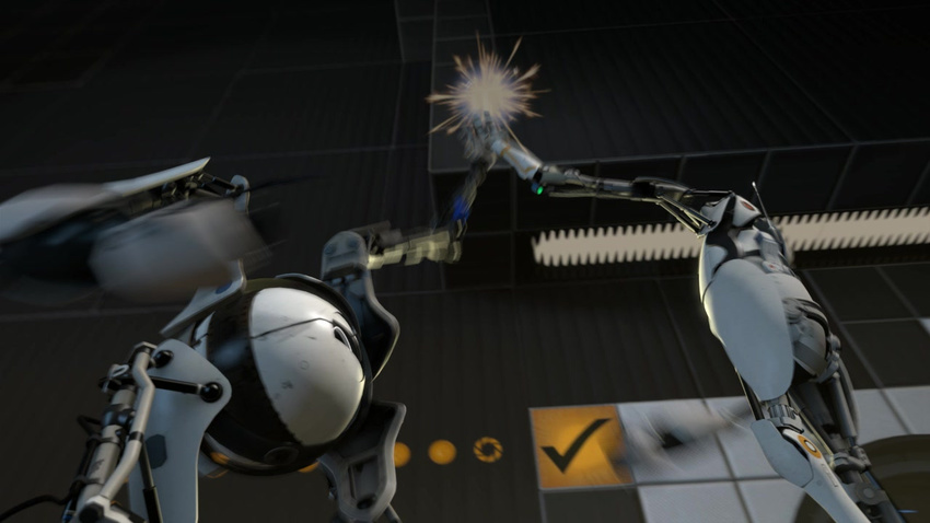 android aperture_science aperture_science_labs atlas high_five machine mechanical not_furry p-body personality_core portal_(game) portal_(series) portal_2 portal_gun robot turret turret_(portal) turret_gun unknown_artist valve