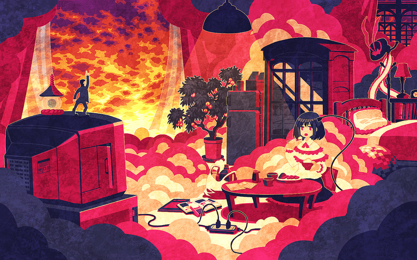 bag bed bishamonten's_pagoda blue_hair book bowl cable cloud eating electric_plug food fruit lamp nagae_iku peach plug pocky red_eyes refrigerator rice saturday_night_fever shopping_bag sitting solo table television touhou tree wallpaper zounose