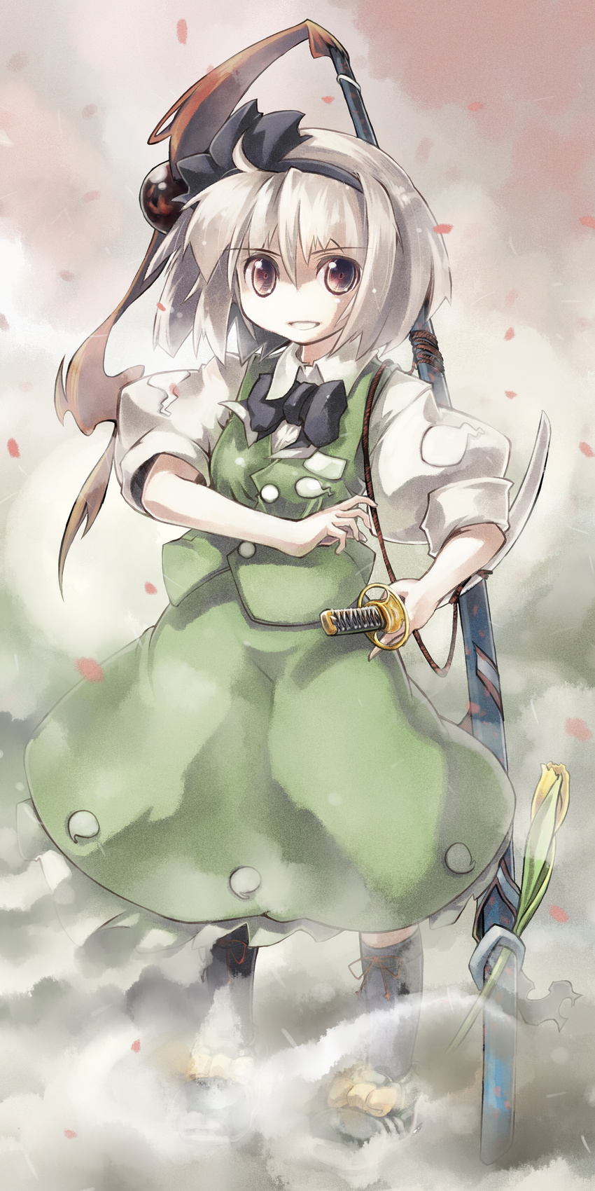 absurdres black_hairband hairband highres katana konpaku_youmu nanaroku_(fortress76) red_eyes scabbard sheath short_hair silver_hair solo sword touhou weapon