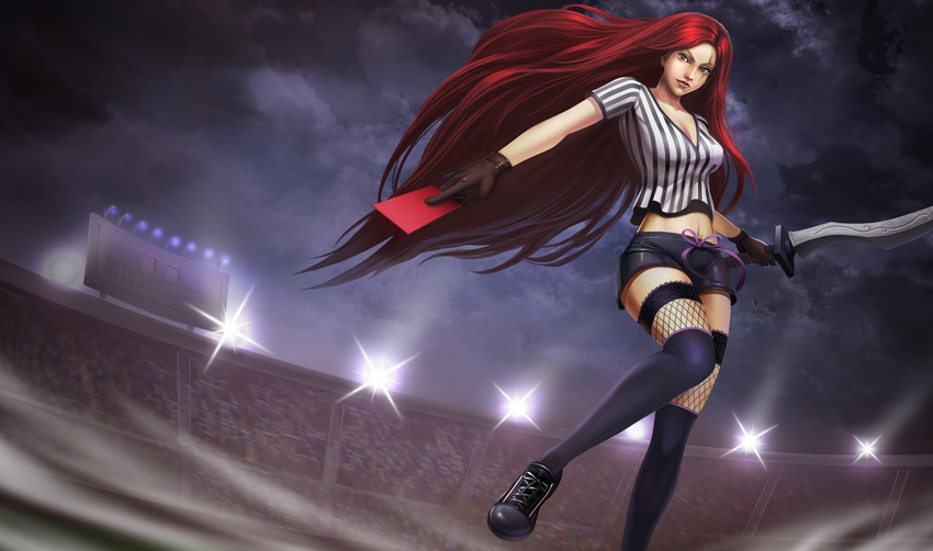 artist_request card dagger holding holding_card katarina_du_couteau league_of_legends midriff official_art penalty_card red_card red_card_katarina red_hair referee soccer solo thighhighs weapon