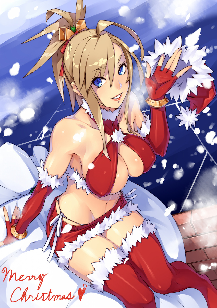 23_(real_xxiii) ahoge_girl_(23) bare_shoulders bell blonde_hair blue_eyes bracelet breasts christmas cleavage criss-cross_halter elbow_gloves fingerless_gloves fur_trim gloves groin hair_bell hair_ornament halter_top halterneck hat hat_removed headwear_removed heart highres jewelry large_breasts legs lips long_hair midriff miniskirt navel nose original panties ponytail red_gloves sack santa_costume santa_hat side-tie_panties sitting skirt solo thighhighs thighs underwear white_panties