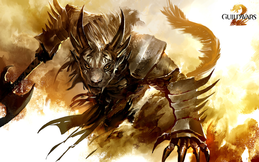 armor axe background charr claws destop detailed_background fangs feline female flat_chested guild_wars guild_wars_2 kekai_kotaki mammal orange_eyes spikes tail video_games wallpaper warrior weapon widescreen