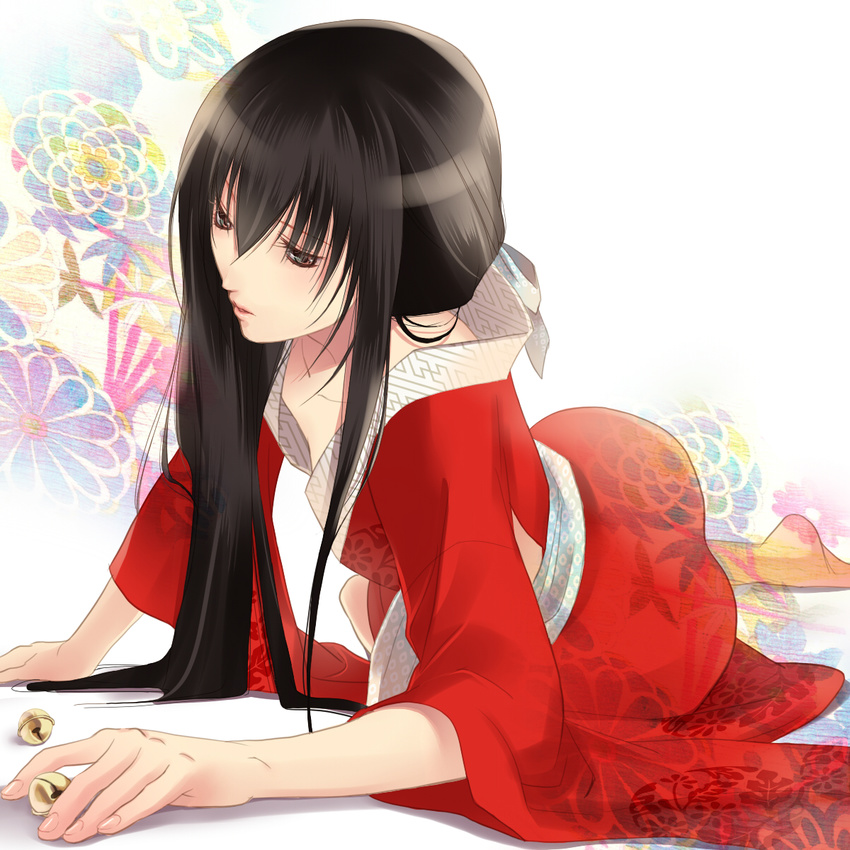 ass face foreshortening fuuchouin_kazuki getbackers hands highres hirai_chika japanese_clothes kimono long_hair lying male_focus otoko_no_ko solo