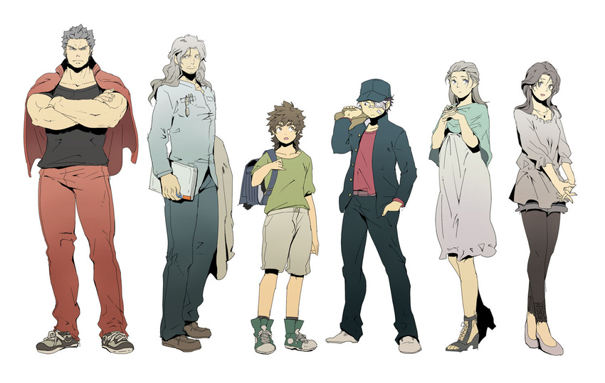 4boys alternate_costume annotated backpack bag bandaid brown_hair casual contemporary eyepatch gakuran gesuidou_(hephaestus1214) hat hokuto_no_ken jacket_on_shoulders jagi jewelry kenshirou lineup long_hair multiple_boys multiple_girls muscle necklace raou_(hokuto_no_ken) school_uniform short_hair silver_hair toki_(hokuto_no_ken) tou_(hokuto_no_ken) yuria_(hokuto_no_ken)