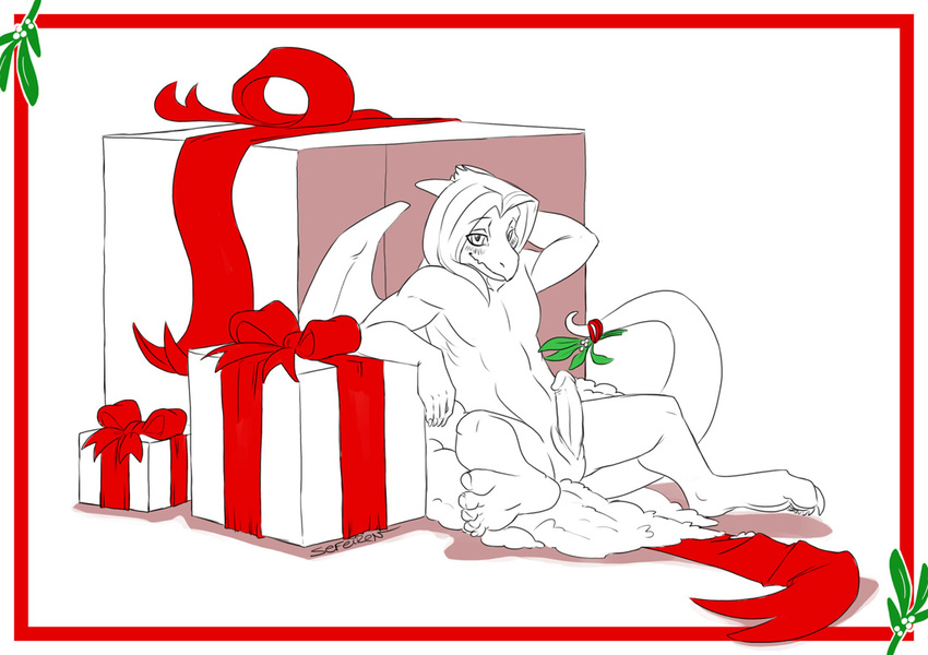 border bow christmas dragon gift hair hindpaw holiday holidays horn horns male mistletoe nude paws penis plain_background ribbons scalie sefeiren sketch snow solo tail white_background wings xmas