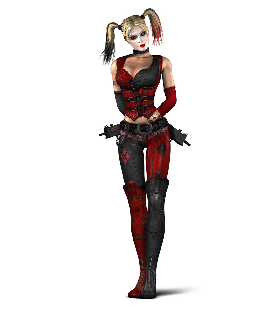 3d batman batman:_arkham_city belt blue_eyes boots choker corset dc_comics dual_wielding gun harley_quinn kneehighs lipstick official_art simple_background smile solo standing tattoo twintails