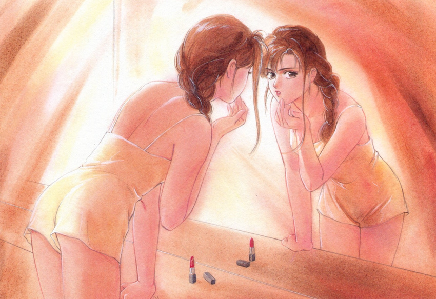 ayukawa_madoka braid camisole highres kimagure_orange_road leaning_forward lipstick long_hair makeup mirror reflection