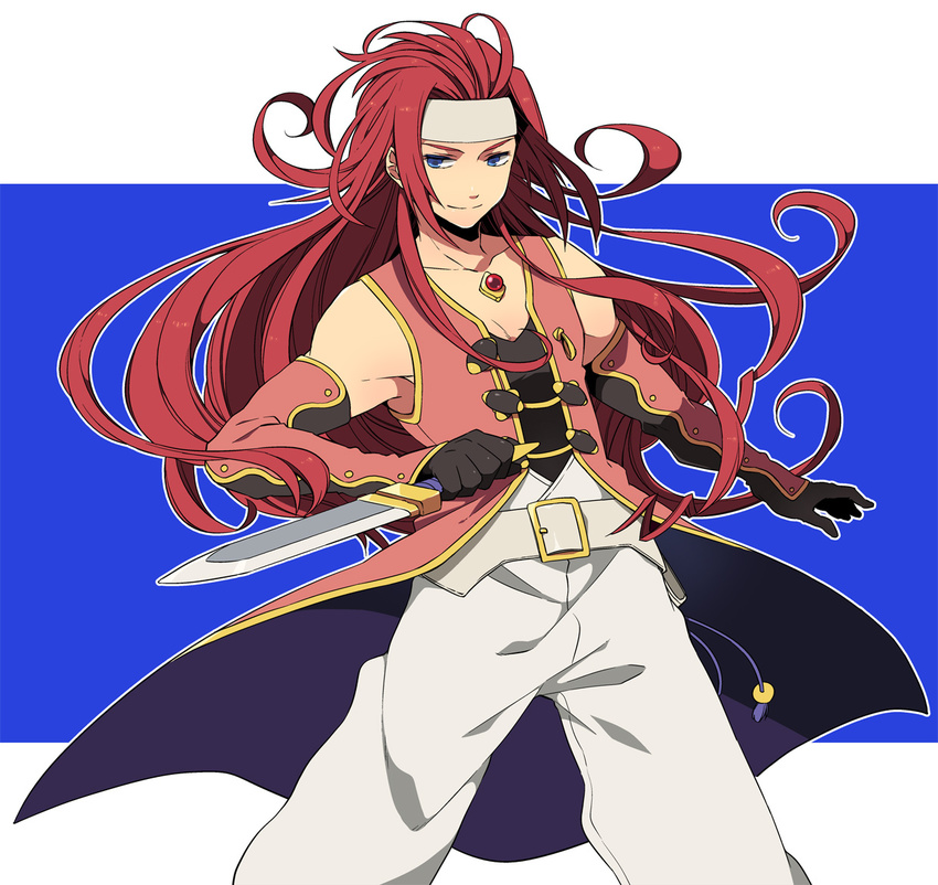 bad_id bad_pixiv_id blue_background blue_eyes eterno gloves headband long_hair male_focus red_hair solo sword tales_of_(series) tales_of_symphonia weapon zelos_wilder