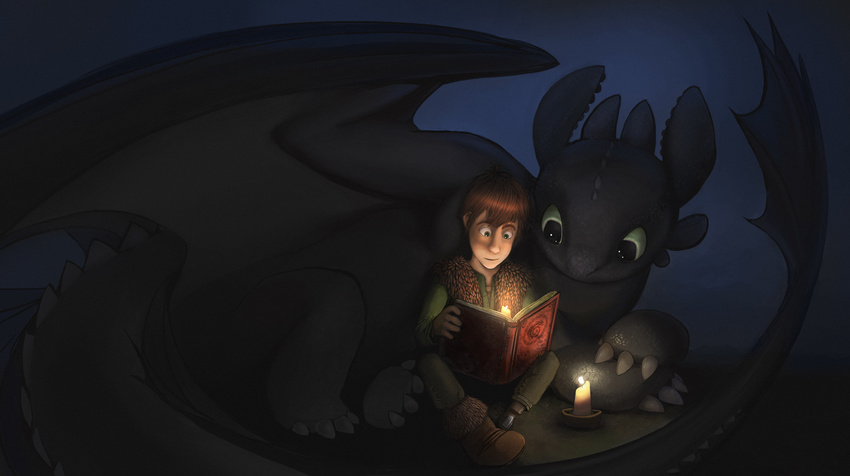 candle dragon feral hiccup hiccup_(httyd) how_to_train_your_dragon human lando male mammal night_fury reading toothless