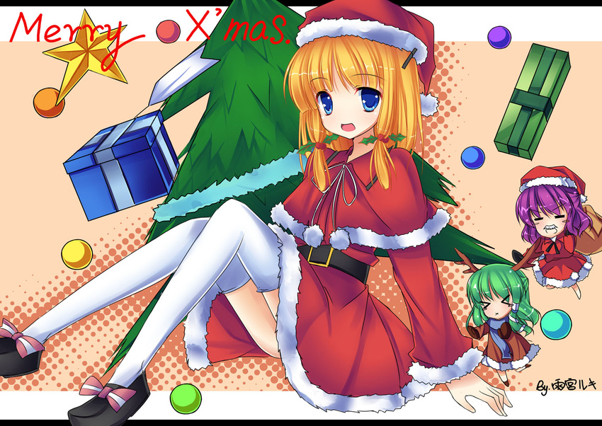 amemiya_ruki chibi christmas hat kochiya_sanae letterboxed minigirl moriya_suwako multiple_girls santa_costume santa_hat thighhighs touhou white_legwear yasaka_kanako