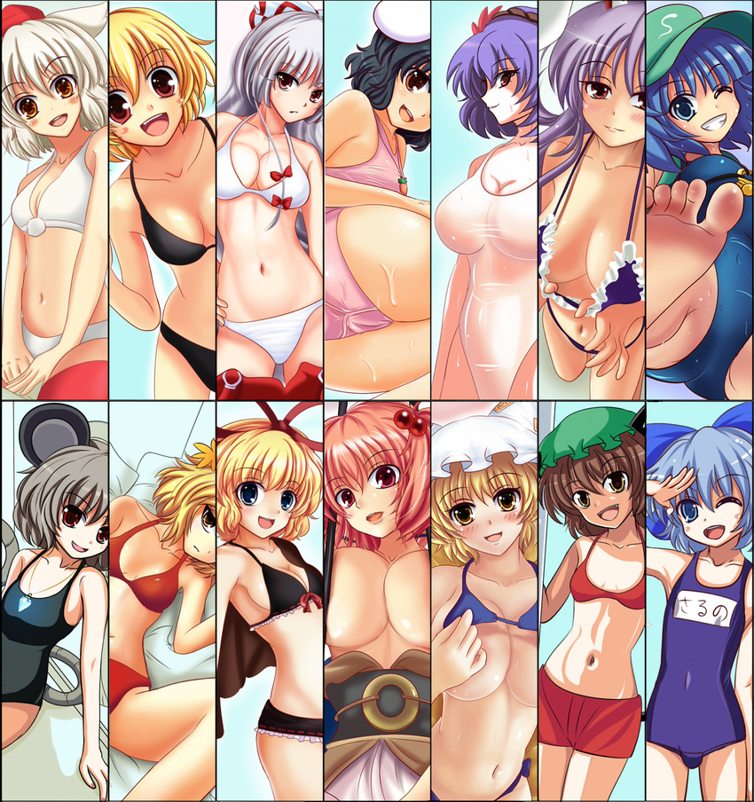 aki_shizuha ass bikini breasts chen cirno column_lineup feet fujiwara_no_mokou highres huge_breasts inaba_tewi inubashiri_momiji kawashiro_nitori kurowana large_breasts medicine_melancholy multiple_girls navel nazrin one-piece_swimsuit onozuka_komachi pov_feet reisen_udongein_inaba rumia school_swimsuit swimsuit touhou trefoil two_side_up yakumo_ran yasaka_kanako