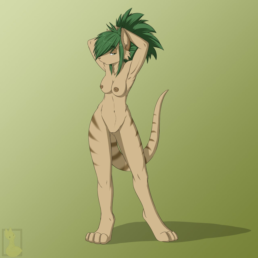 2010 breasts female green_eyes green_hair kepora looking_back nateday navel nipples nude pussy raised_arm solo standing striped_tail stripes tail talia thylacine
