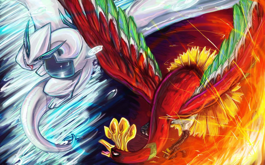 avian bird fire flying ho-oh legendary_pok&#233;mon lugia nintendo pok&#233;mon pok&eacute;mon red_eyes tongue unknown_artist video_games water whirlpool