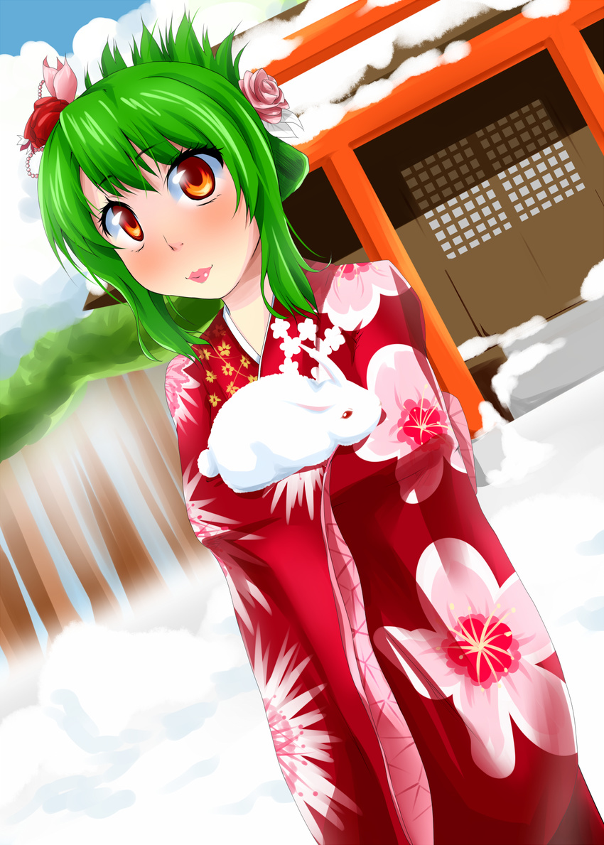 alternate_costume alternate_hairstyle bad_id bad_pixiv_id blush bunny dutch_angle floral_print flower green_hair hair_flower hair_ornament highres japanese_clothes kanzashi kazami_yuuka kimono lips mattari_yufi pink_flower pink_rose red_eyes red_flower red_rose rose short_hair shrine smile snow solo touhou