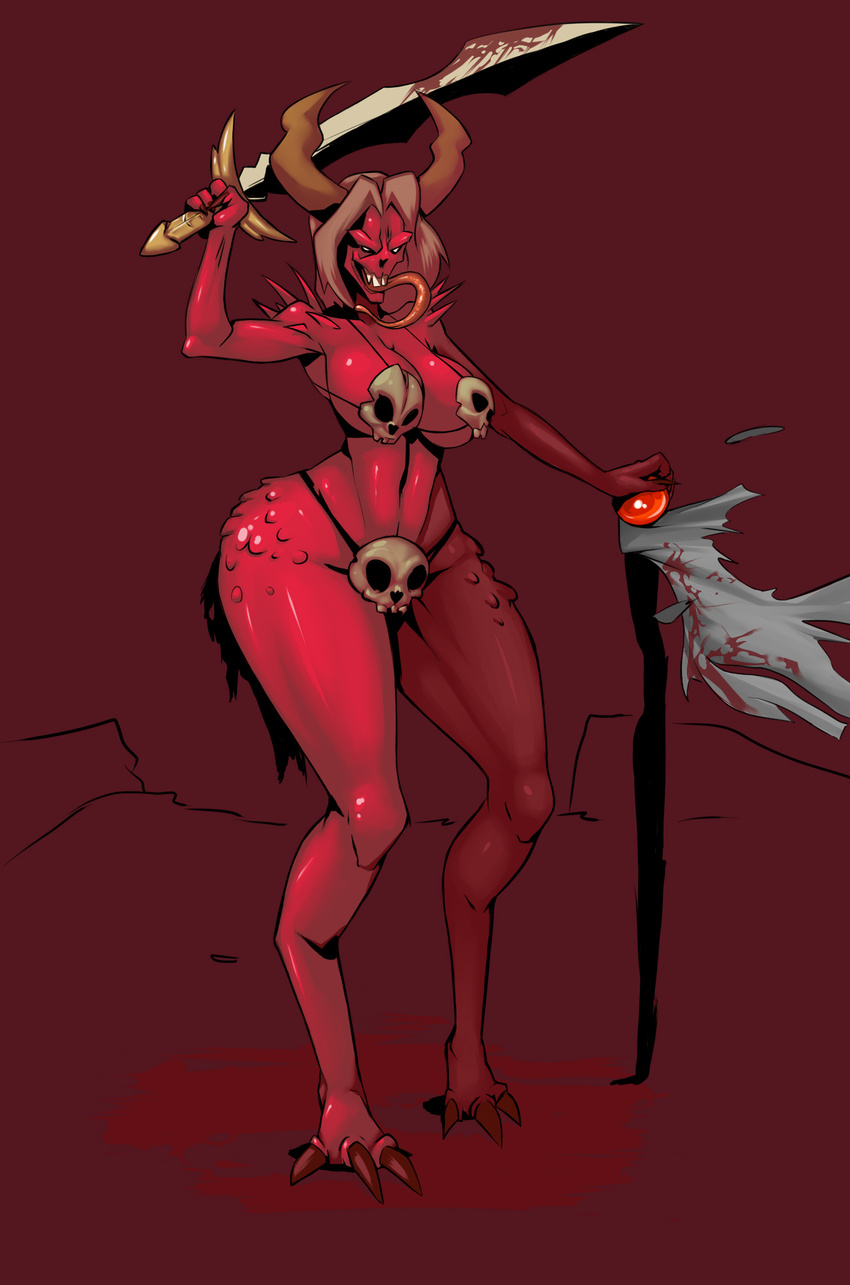 bikini bloodletter breasts chaos demon fatfoxlower female hi_res horns khorne long_tongue skimpy solo stygi sword weapon