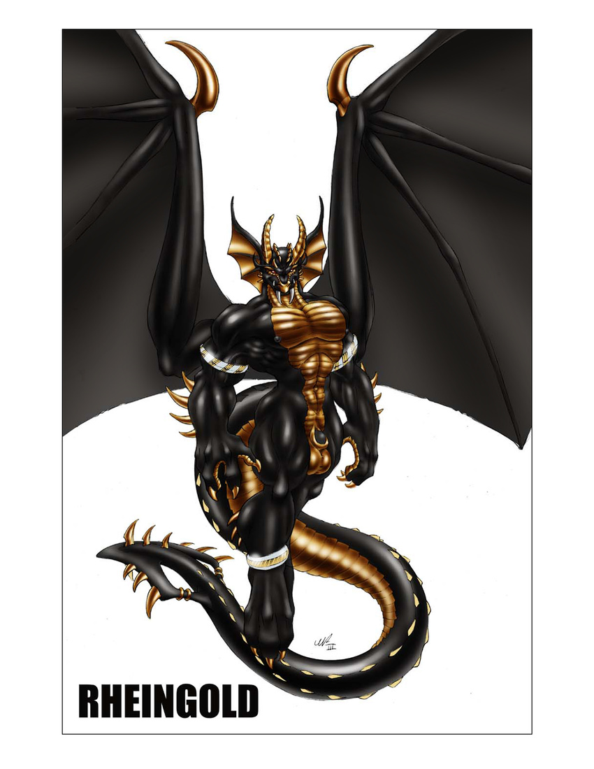 anklet anthro armband armbands balls black black_body black_dragon dragon fangs gideon gold head_frill hi_res jewelry male nipples penis penis_tip plain_background reptile scalie sheath solo spikes tail western_dragon white_background wings yellow_belly