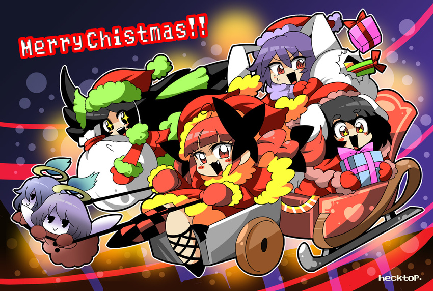 animal_ears black_hair bunny_ears engrish fang gift gloves halo hat hecktop inaba_tewi kaenbyou_rin long_hair multiple_girls purple_hair ranguage red_eyes red_hair reisen_udongein_inaba reiuji_utsuho sack santa_costume santa_hat short_hair sled sleigh symbol-shaped_pupils touhou typo wings zombie_fairy