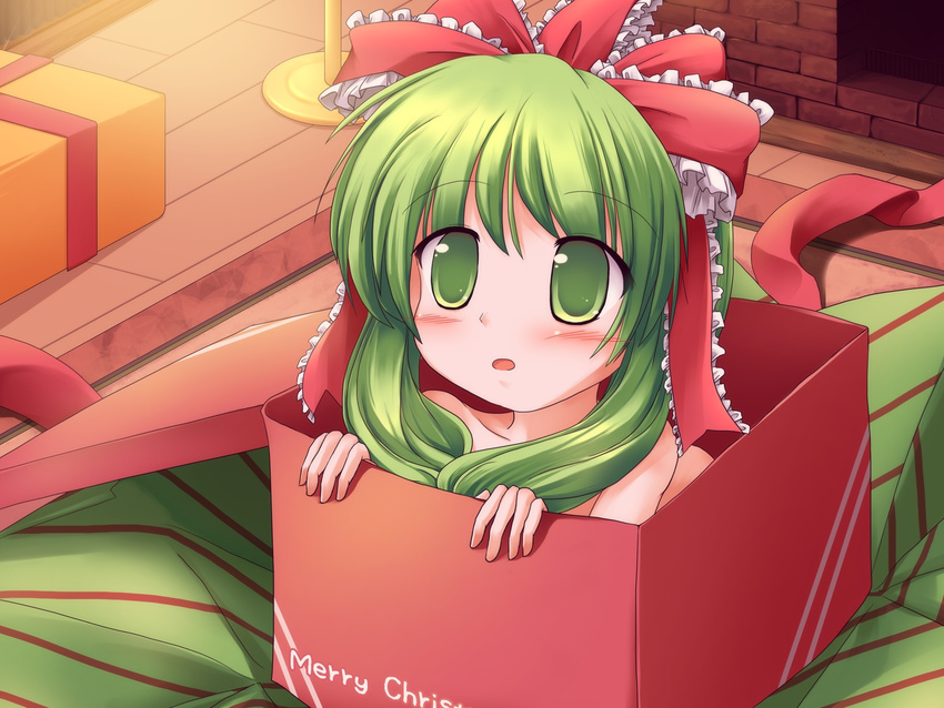 blush bow box child christmas frills front_ponytail gift green_eyes green_hair hair_bow highres in_box in_container kagiyama_hina long_hair lzh nude room solo touhou