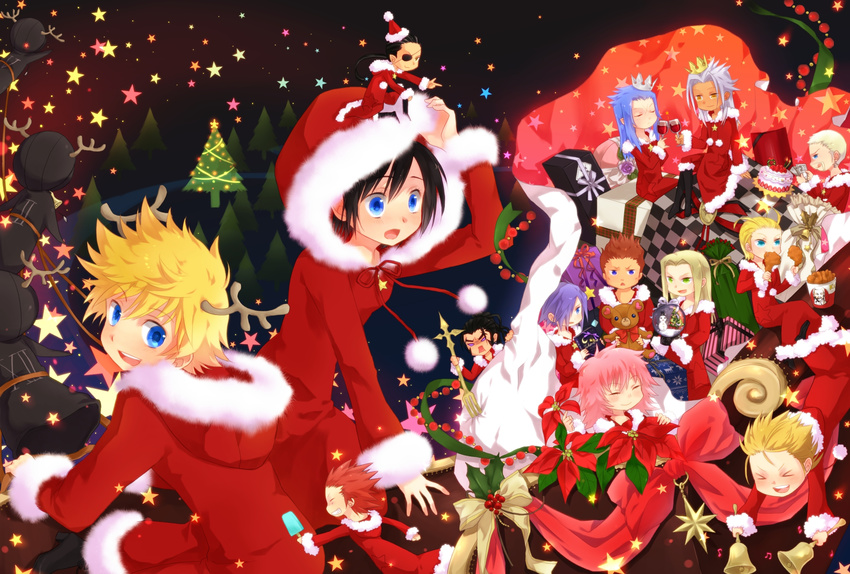 6+boys antlers axel_(kingdom_hearts) bad_id bad_pixiv_id black_hair blonde_hair book brown_hair cake crown demyx eyepatch food hat highres kfc kingdom_hearts kingdom_hearts_358/2_days larxene lexaeus luxord marluxia multiple_boys multiple_girls okitsune_(okitsune-sama) organization_xiii pink_hair red_hair roxas saix santa_costume santa_hat stuffed_animal stuffed_toy teddy_bear vexen xemnas xigbar xion_(kingdom_hearts) zexion