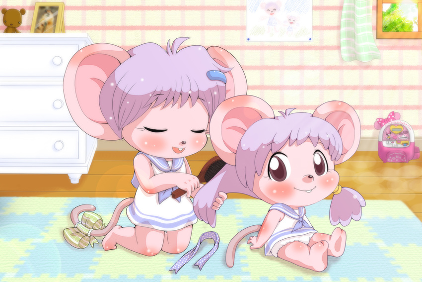 cub cute eyes_closed female hair hairpin mammal mouse panties purple_hair ribbons rodent sanae underwear violet_hair young