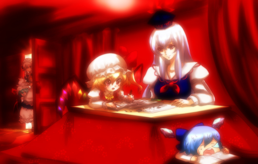 =_= bat_wings blonde_hair bloom blue_hair bow cirno cup door drooling flandre_scarlet hat hat_bow height_difference homework izayoi_sakuya kamishirasawa_keine kinako_(nurupoga) kotatsu long_hair maid maid_headdress melting multiple_girls nose_bubble peeking_out red_eyes remilia_scarlet saliva short_hair silver_hair smile soft_focus sweat sweatdrop table teacup teapot tokin_hat touhou tray under_kotatsu under_table wings writing