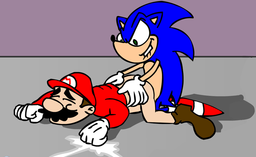 cartoon cum duo gay gloves hedgehog male mammal mario mario_bros nintendo rape_face sega sonic_(series) sonic_the_hedgehog unknown_artist video_games