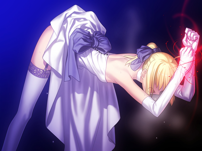 1girl ahoge back bdsm blonde_hair bondage bound bow breasts bsdm deletion_request dress duplicate elbow_gloves fate/stay_night fate_(series) game_cg garters gloves hair_ribbon highres lossless open_mouth ribbon saber sideboob solo sweat takeuchi_takashi thighhighs type-moon wedding_dress