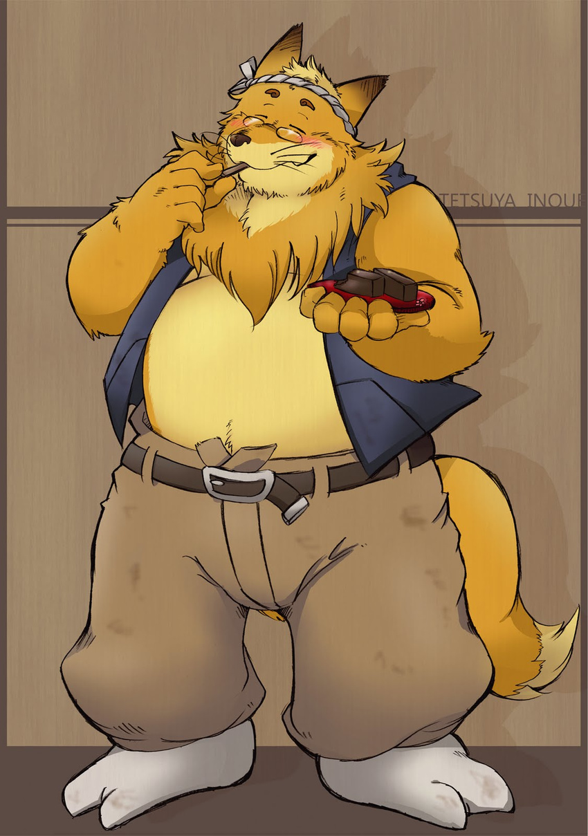 belt biceps blush brown_fur brown_nose bulge canine chest_tuft chubby clothing eating eyes_closed eyewear fat fox fur glasses holding male mammal morenatsu overweight pants socks solo standing stump_(artist) tetsuya_inoue tuft two_toes vest whiskers