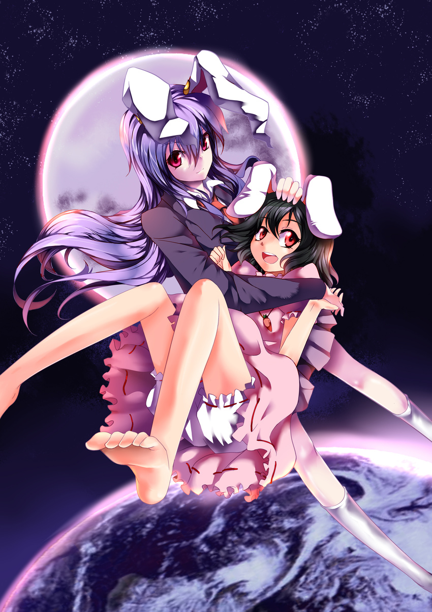 absurdres animal_ears barefoot black_hair bunny_ears feet highres huangquan_dong_(sinchi) inaba_tewi long_hair moon multiple_girls necktie purple_hair red_eyes reisen_udongein_inaba short_hair touhou