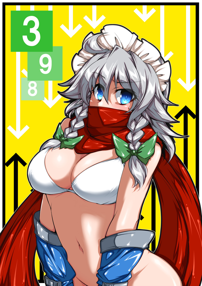 absurdres bare_shoulders bikini blue_eyes bottomless bow braid breasts cleavage gloves groin hair_bow highres izayoi_sakuya large_breasts maid_headdress navel scarf short_hair silver_hair solo swimsuit tajima_yuuki touhou twin_braids white_bikini