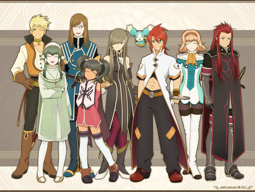 5boys anise_tatlin asch black_legwear blonde_hair blue_eyes boots brown_hair choker glasses gloves green_choker green_eyes green_hair grey_background guy_cecil hair_tubes hanosuke highres ion jade_curtiss knee_boots long_hair luke_fon_fabre mieu multiple_boys multiple_girls natalia_luzu_kimlasca_lanvaldear odd_one_out one_eye_closed orange_neckwear pantyhose red_eyes red_hair sidelocks smile surcoat tabard tales_of_(series) tales_of_the_abyss tear_grants thigh_boots thighhighs twintails