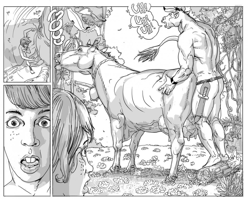 animal anthro anthro_bestiality anthro_on_feral bestiality bovine cattle cow doggystyle female feral forest from_behind furronika human interspecies male mammal minotaur mythology outside sex straight tree weapon wood zoo