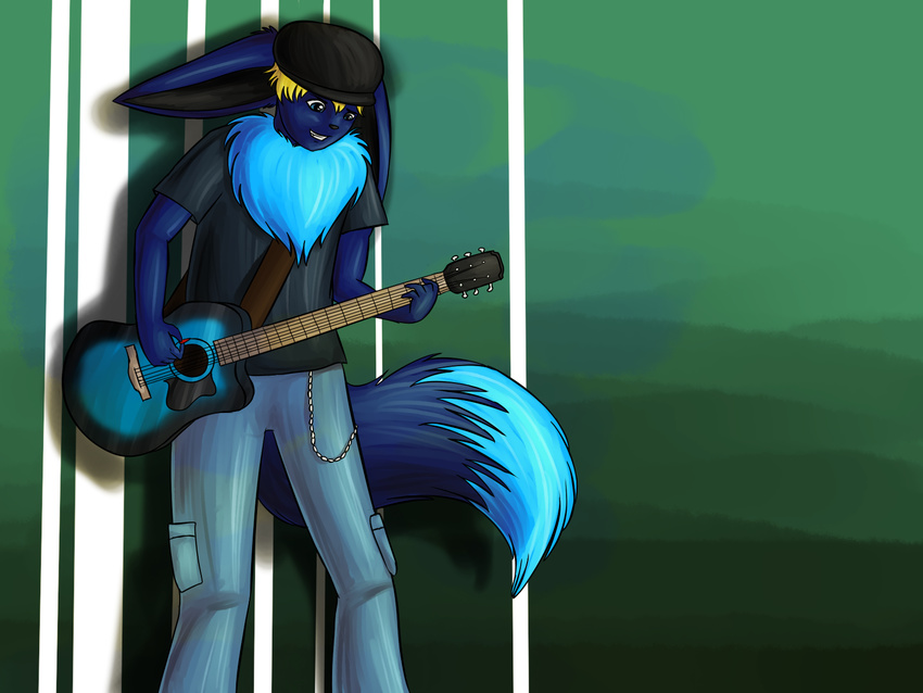 black_nose blonde_hair blue_eyes eevee guitar hair hat male nintendo pok&#233;mon pok&#233;morph pok&eacute;mon solo tail thezules video_games