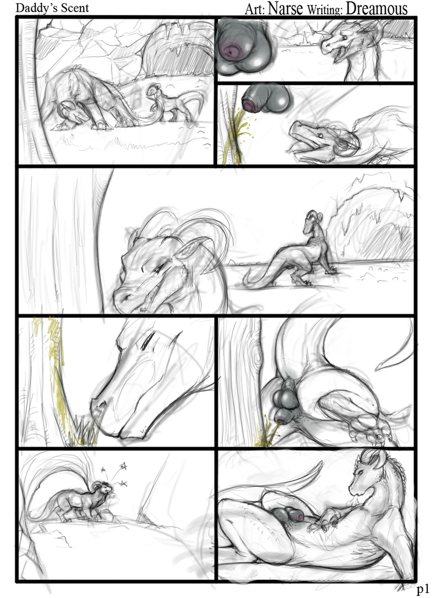 balls black_and_white butt child comic daddy's_scent daddy's_scent dragon father father_and_son feral gay hi_res horn horsecock incest male monochrome musk narse oral parent peeing penis scalie son urine young