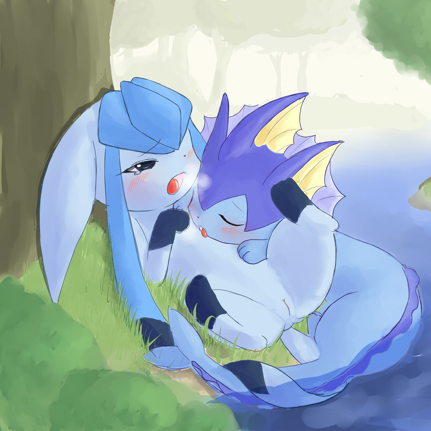 blue_body blue_eyes blush duo eeveelution eyes_closed female feral glaceon grass kajiura licking lying nintendo open_mouth outside pok&#233;mon pok&eacute;mon pussy spreading tail tongue vaporeon video_games water