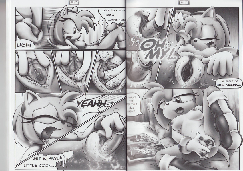 absurd_res amy_rose amy_untold breasts clitoris comic dildo doujin eyes_closed female fingering hedgehog hi_res magazine masturbation monochrome nipples nude pussy pussy_juice sex_toy sonic_(series) tail tc