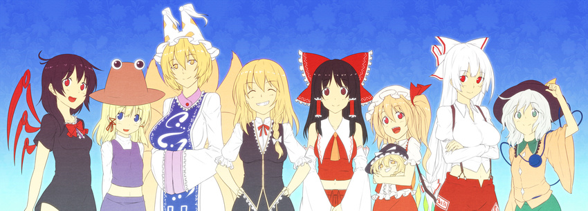 :d arms_behind_back bare_shoulders blonde_hair blue_eyes braid breast_lift brown_hair closed_eyes crossed_arms detached_sleeves flandre_scarlet fox_tail fujiwara_no_mokou green_eyes grin hakurei_reimu hand_on_headwear hands_in_opposite_sleeves hands_on_hips hands_together hat highres hiroya_juuren houjuu_nue kirisame_marisa komeiji_koishi long_hair midriff moriya_suwako multiple_girls multiple_tails navel no_hat no_headwear open_mouth red_eyes short_hair side_ponytail smile stage_connection suspenders tail touhou very_long_hair white_hair wings yakumo_ran yellow_eyes yukkuri_shiteitte_ne