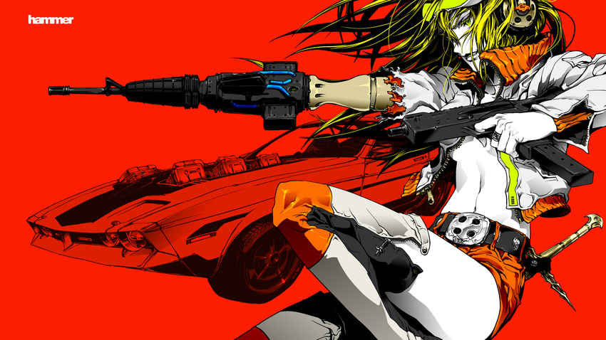 album_cover breasts car commentary_request cover green_hair ground_vehicle gun highres jacket medium_breasts motor_vehicle nagimiso navel no_bra open_clothes open_jacket original prosthesis red sideboob simple_background solo sword thighhighs unzipped wallpaper weapon