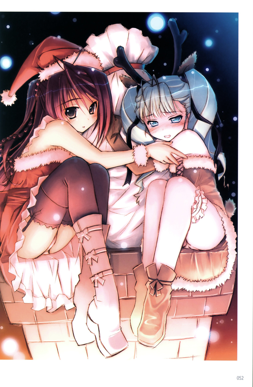 absurdres aino_pekonen akata_itsuki chimney highres kokoro_navi lufana multiple_girls santa_costume thighhighs