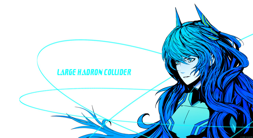 arsenixc bad_id bad_pixiv_id blue_eyes blue_hair collider-sama_(arsenixc) highres horns large_hadron_collider long_hair male_focus original simple_background solo