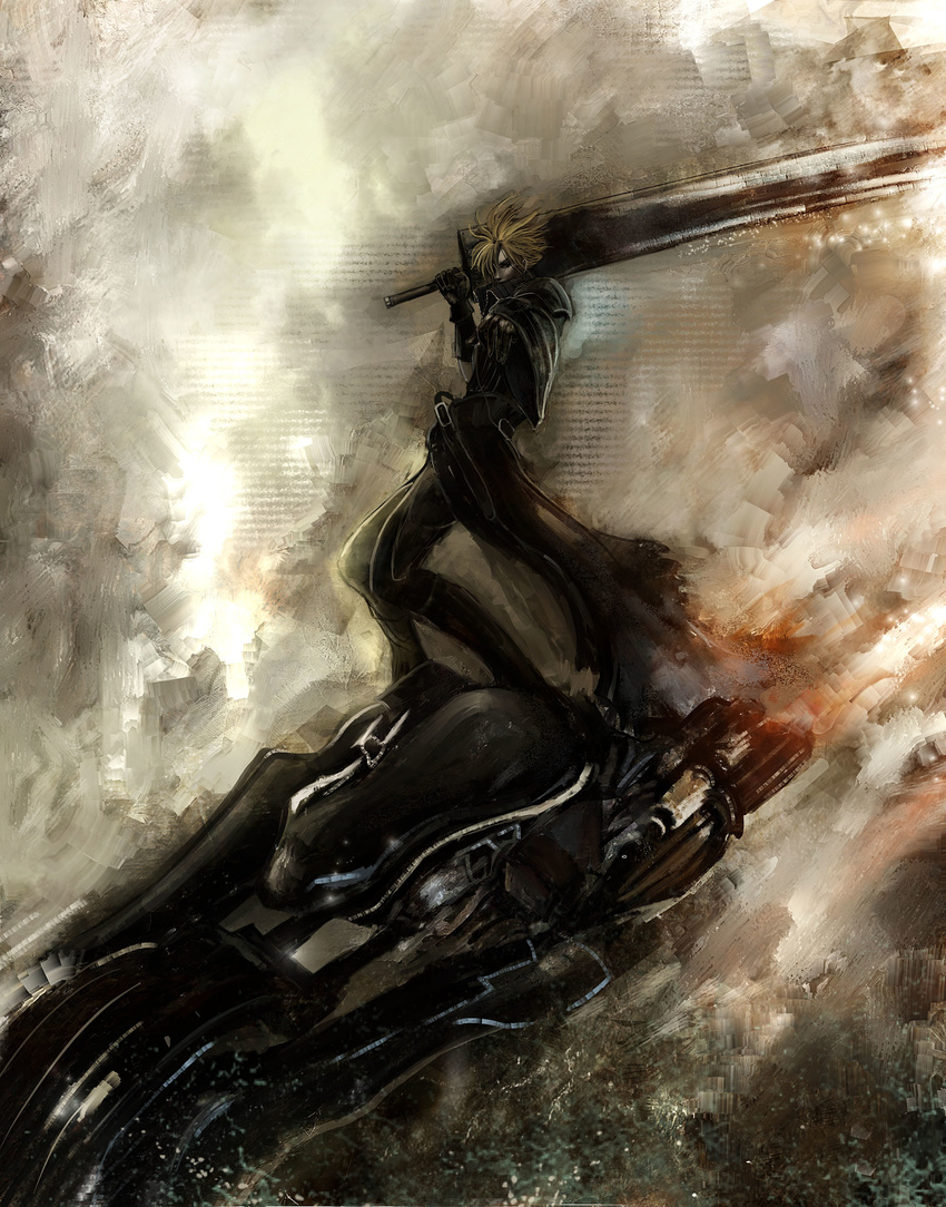 absurdres bccp belt cloud_strife fenrir_(vehicle) final_fantasy final_fantasy_vii final_fantasy_vii_advent_children foreshortening gloves ground_vehicle highres huge_weapon male_focus motor_vehicle motorcycle solo sword weapon